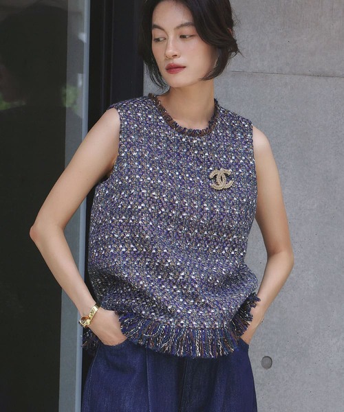 ELFRANK ベスト ジレ ミックスツイード フリンジ ノースリーブ ベスト