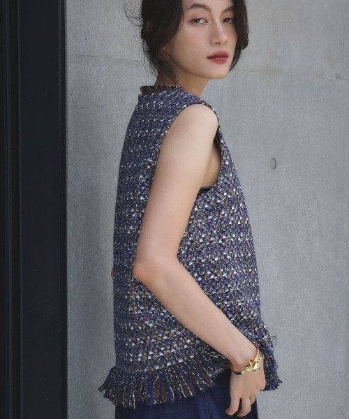 ELFRANK ベスト ジレ ミックスツイード フリンジ ノースリーブ ベスト