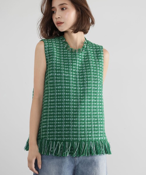 ELFRANK ベスト ジレ ミックスツイード フリンジ ノースリーブ ベスト