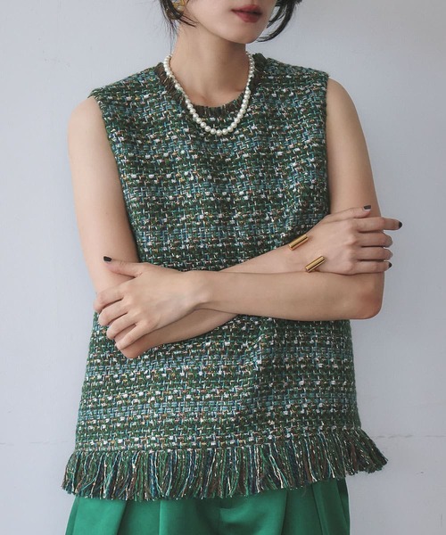 ELFRANK ベスト ジレ ミックスツイード フリンジ ノースリーブ ベスト