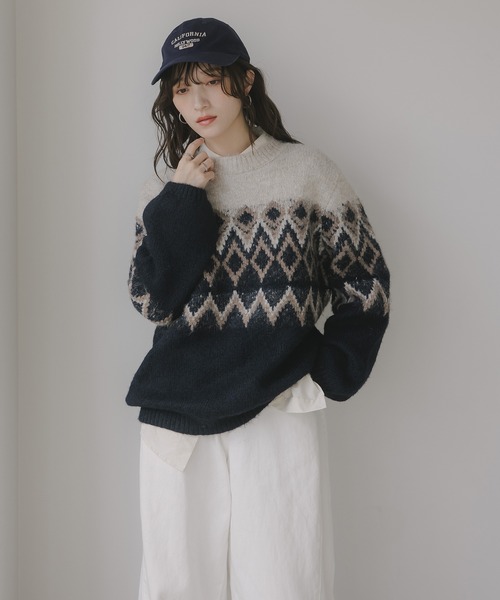 【新品同様】ドゥロワー ノルディック柄 ウール ニット 黒　1　Drawer 210nouve（トゥージュヌーヴ） ニット セーター ノルディック柄 ルーズ