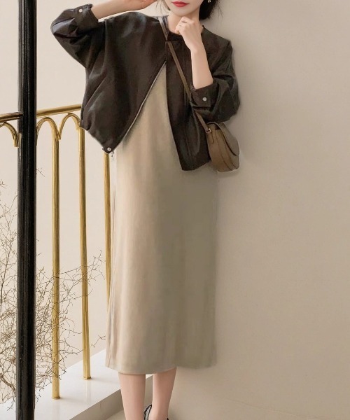 cammie ジャケット ノーカラージャケット 裾ドロストフェイクレザー