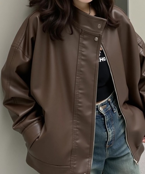 cammie ジャケット ノーカラージャケット 裾ドロストフェイクレザー