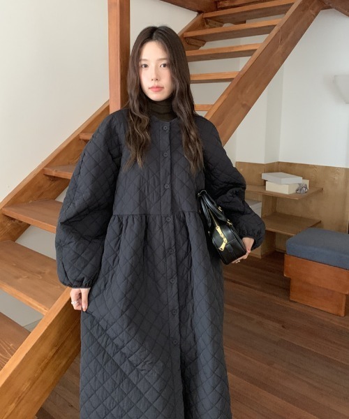 Aelina コート アウター クルーネックシングルブレストキルティング
