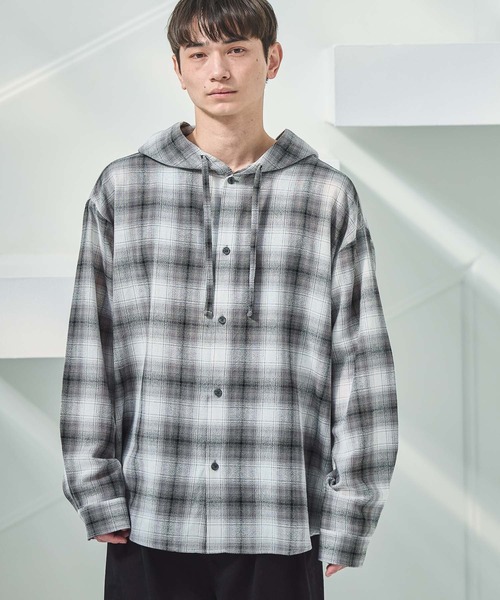 LAKOLE（ラコレ） シャツ オンブレーチェックフード長袖シャツ