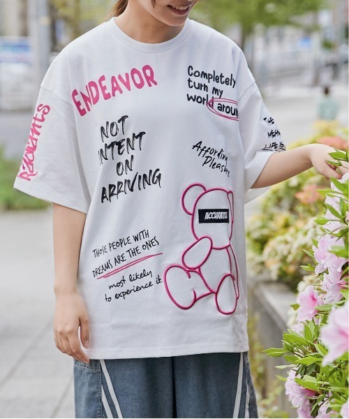 tシャツ 半袖 「くまビッグ刺繍×落書きロゴ」Tシャツ／ストリート／春