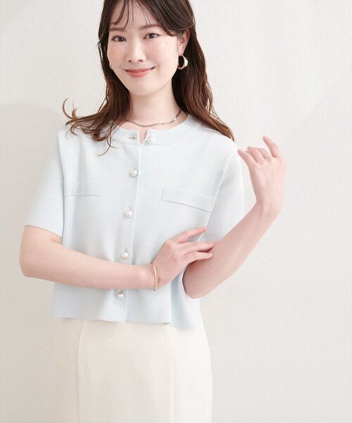 natural couture カーディガン 半袖 パール釦半袖ニットカーディガン