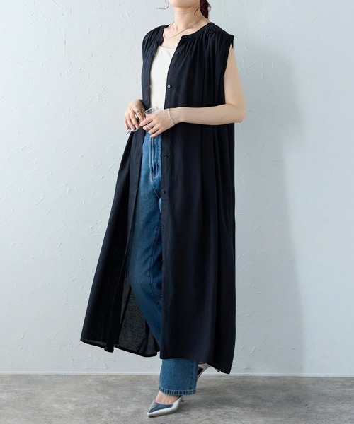 Fizz（フィズ） シャツワンピース 綿麻ミックス スタンドカラー