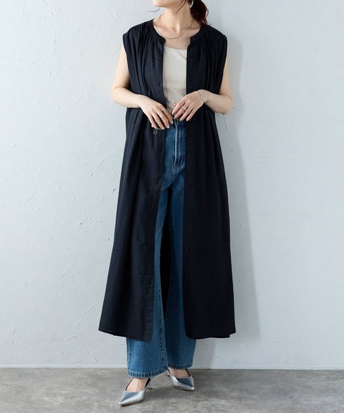 Fizz（フィズ） シャツワンピース 綿麻ミックス スタンドカラー