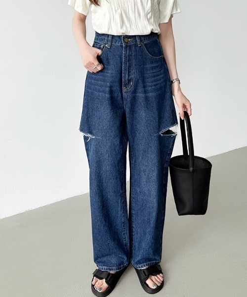 サイドカットデニムワイドパンツ レディース サイドカットデニムパンツ | テディショップ