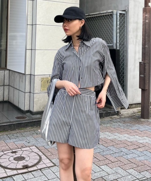 rienda 2wayシャツショートトップス　柄ブラック rienda | 2WAYショートSH TOP (シャツ・ブラウス ) |SHEL'TTER