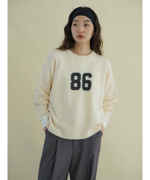 ニット セーター Wool-like number logo knit レディース