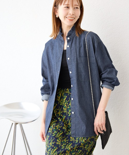 ブラウス シャツ Rope Denim Shirt/ロープデニムシャツ レディース ROPE' PICNIC ブラウス シャツ フリルカラーデニムシャツ