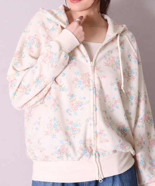 パーカー (LK)「JEMORGAN」小花柄 ワッフル ジップパーカー レディース
