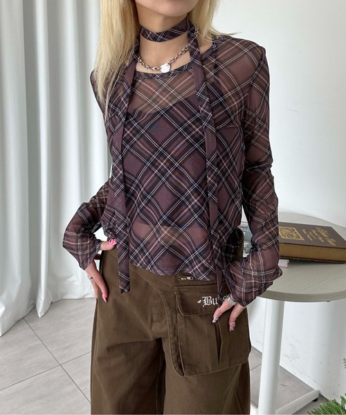 tシャツ チェックシアートップス レディース OTONA シャツ トップス レディース ブラック 5分袖 チェック柄