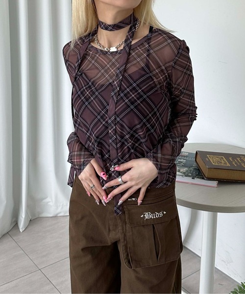 tシャツ チェックシアートップス レディース OTONA シャツ トップス レディース ブラック 5分袖 チェック柄