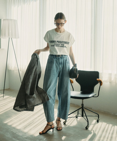 tシャツ 袖口太糸ステッチロゴプリントTシャツ レディース pual ce cin tシャツ 袖口太糸ステッチロゴプリントTシャツ