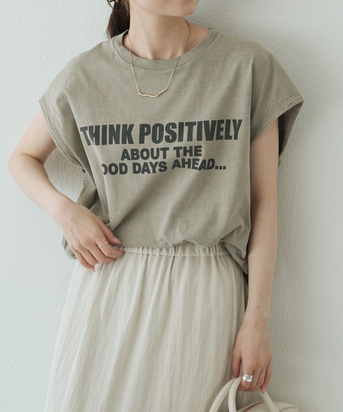tシャツ 袖口太糸ステッチロゴプリントTシャツ レディース