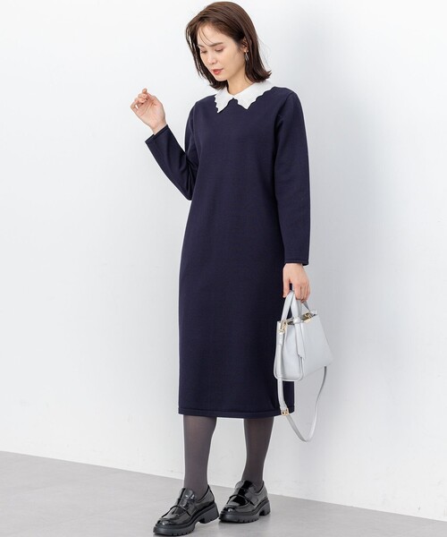 組曲（KUMIKYOKU） ワンピース レースライク襟付きニットワンピース