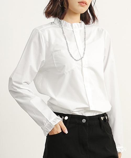 ReRe ブラウス シャツ スタンドカラーフリルネックシャツ レディース 