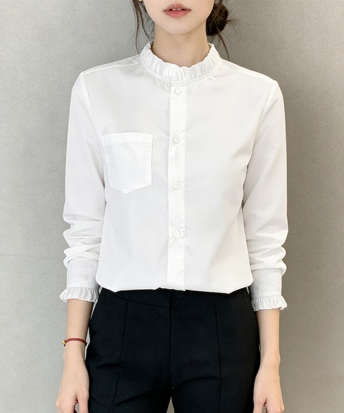 ReRe ブラウス シャツ スタンドカラーフリルネックシャツ レディース 