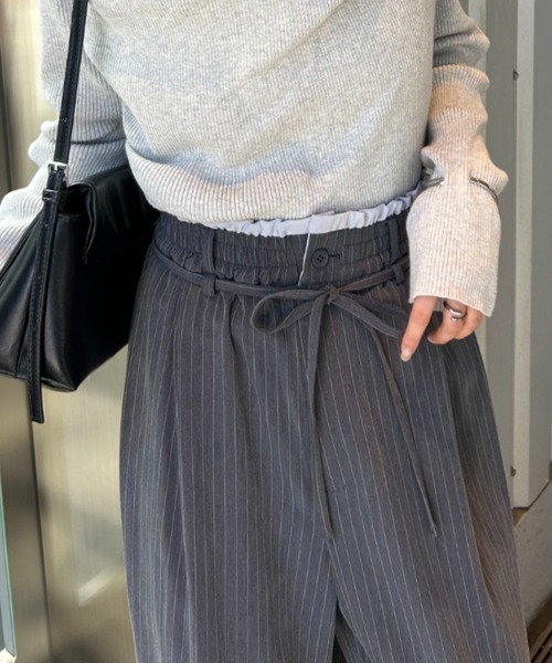 スラックス パンツ 「4サイズ展開/ストライプ柄、無地 / ウエストの配色がポイント」Wベルトパンツ レディースの画像