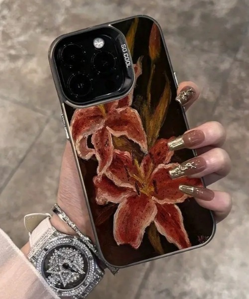 スマホケース ユリの花プリント グランジ風スマホケース iPhone14