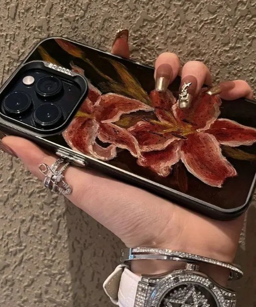 スマホケース ユリの花プリント グランジ風スマホケース iPhone14