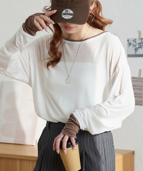 美品✨フミカウチダ レイヤードシアークロップドトップス ホワイト MONO-MART（モノマート） tシャツ 接触冷感 レイヤード デザイン