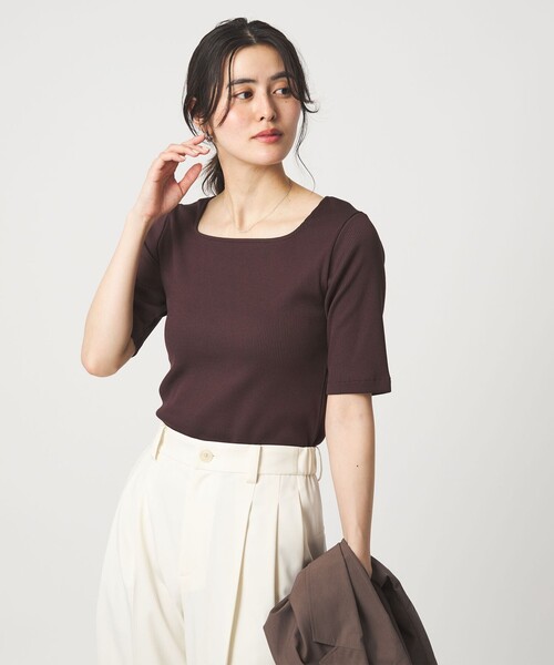 tシャツ ブライトリブ スクエアネック 5分袖 プルオーバー カットソー レディースの画像