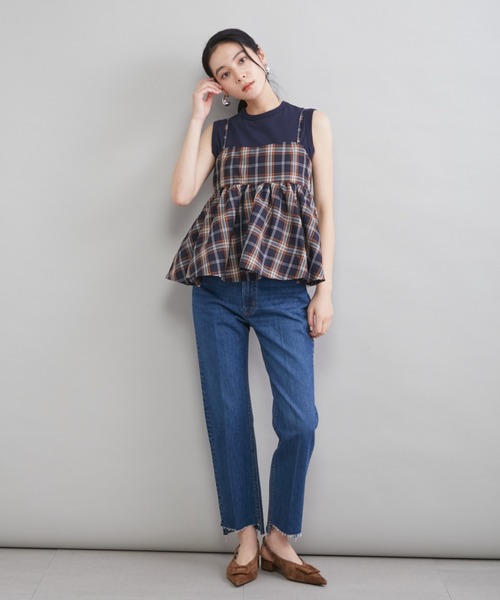 ジーンズ デニム デニムパンツ 「MILA PANTS」裾段差テーパードデニムパンツ レディースの画像