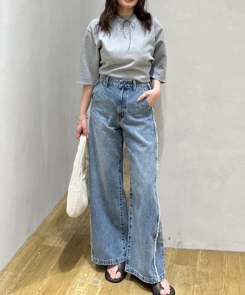 みぃ様ハンドメイド♡デニムフリンジポニー 薄デニム 水色③ STYLEMIXER（スタイルミキサー） ワイドパンツ ジーンズ デニム デニム