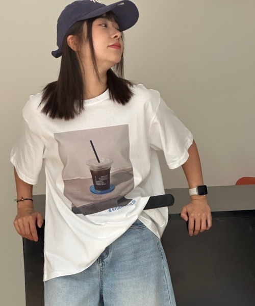 DIAVEL tシャツ 半袖 コーヒーフォトプリントTシャツ レディース