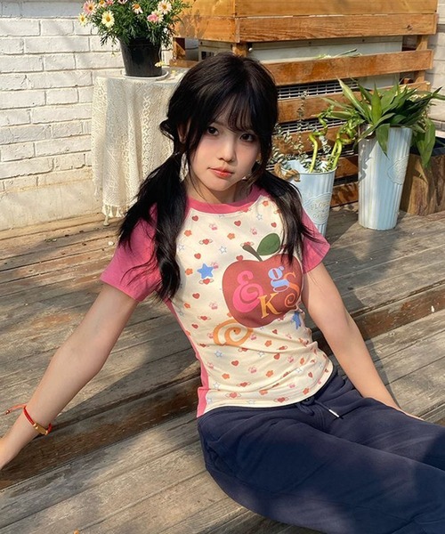 AsheKsha tシャツ 半袖 Y2K 甘めガール リンゴ柄 ラグランスリーブ
