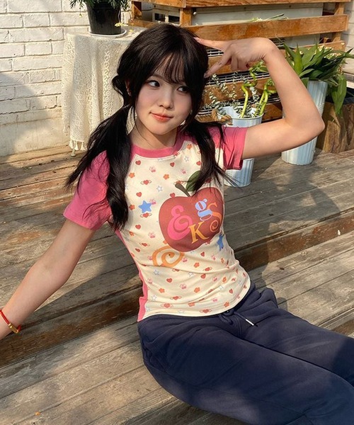 AsheKsha tシャツ 半袖 Y2K 甘めガール リンゴ柄 ラグランスリーブ