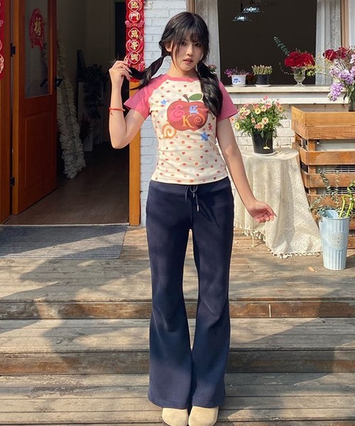 AsheKsha tシャツ 半袖 Y2K 甘めガール リンゴ柄 ラグランスリーブ