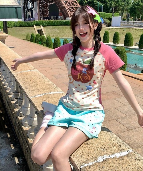 AsheKsha tシャツ 半袖 Y2K 甘めガール リンゴ柄 ラグランスリーブ