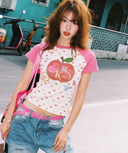 AsheKsha tシャツ 半袖 Y2K 甘めガール リンゴ柄 ラグランスリーブ