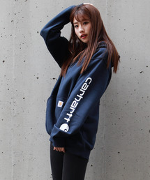 古着 carhartt プルオーバーパーカー 袖プリント カーハート ストリート Carhartt パーカー 「carhartt」カーハート袖プリント 長袖