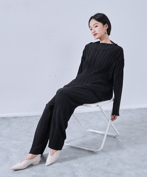 On One's Own tシャツ プリーツ加工ボートネックカットソー長袖プル
