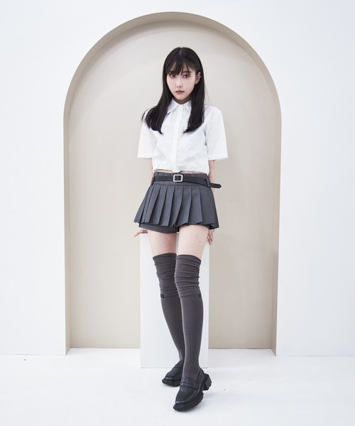 ブラウス シャツ クロップド丈ウエストリボンシャツ レディース