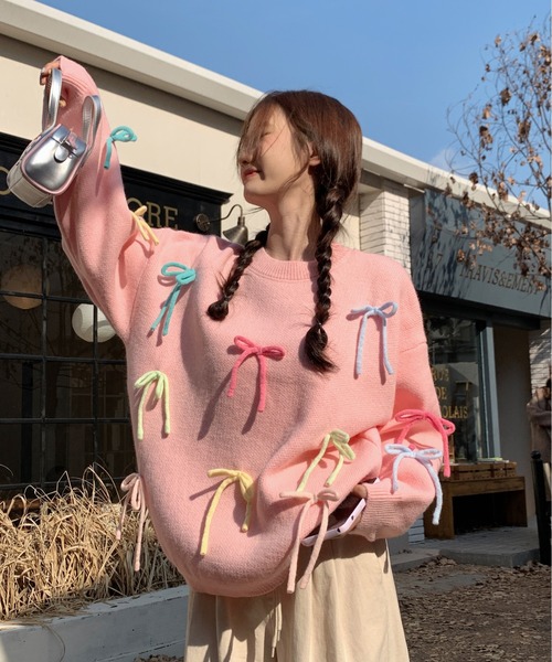 y2k 00s リズリサ　ざっくりニットパーカー　ポンポン　キラキラチャーム gossip!ロサンゼルス ニット セーター リボン BIGプルオーバー