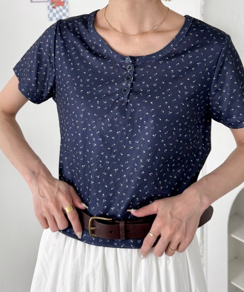 SOLLON.（ソルロン） ヘンリーネック tシャツ 半袖 小花柄ヘンリー