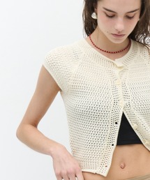 カーディガン 半袖 Basket-knit cardigan with French sleeves