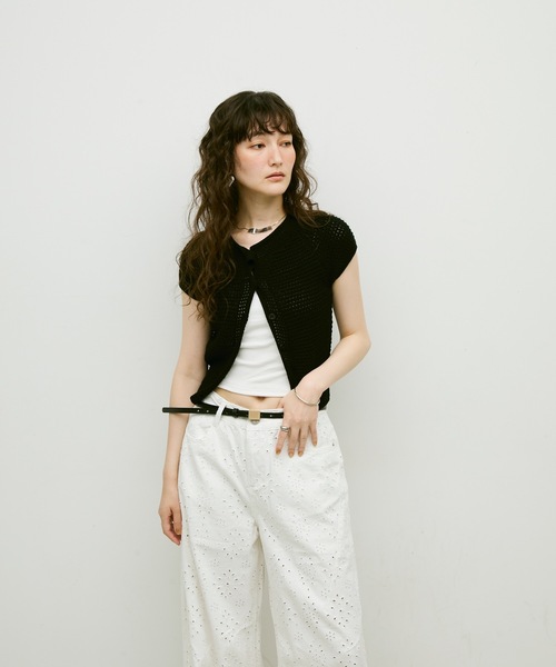 カーディガン 半袖 Basket-knit cardigan with French sleeves