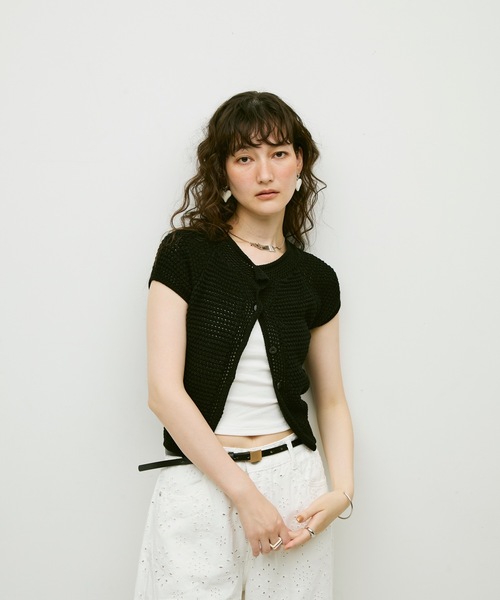 カーディガン 半袖 Basket-knit cardigan with French sleeves