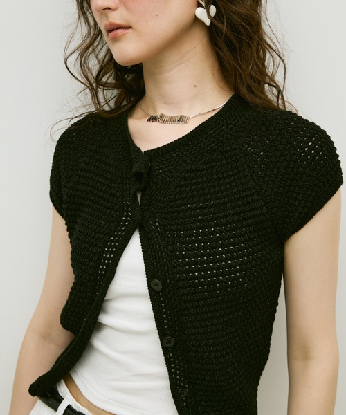 カーディガン 半袖 Basket-knit cardigan with French sleeves