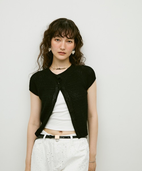 カーディガン 半袖 Basket-knit cardigan with French sleeves
