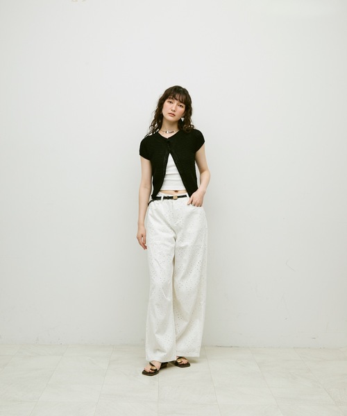 カーディガン 半袖 Basket-knit cardigan with French sleeves