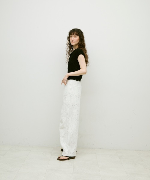 カーディガン 半袖 Basket-knit cardigan with French sleeves